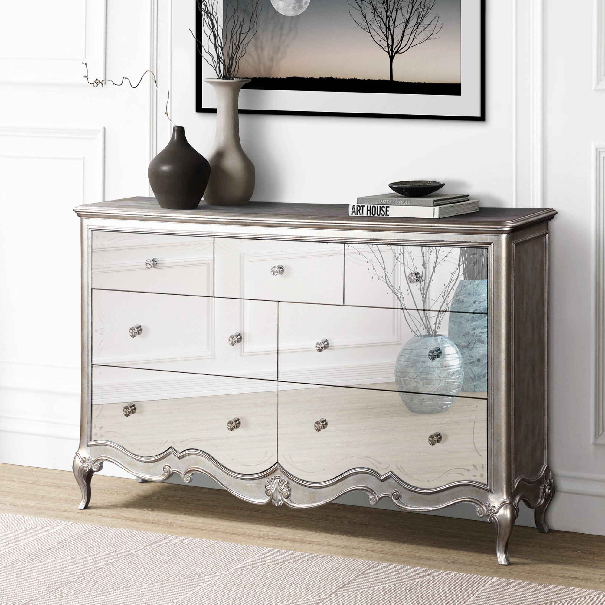 Rosdorf Park Jenora Sequoia Antique Champagne and Mirrored 7 Drawer Dresser Wayfair